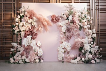 wedding backdrop aesthetic flower decoration light pink indoor minimalist studio background