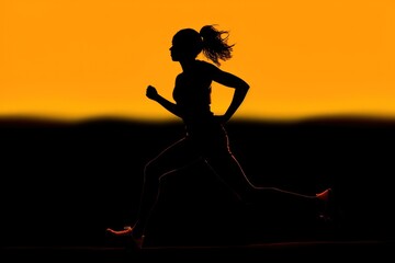 Fototapeta na wymiar Silhouette of a woman running at sunset with the sun in the background.