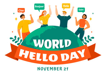 World Hello Day Vector Illustration on November 21 of Speech Bubbles with Different Languages from all over the Country in Flat Cartoon Background © denayune