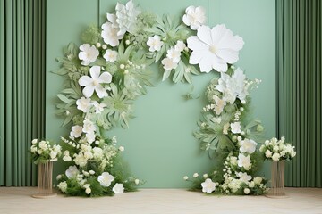 Fototapeta na wymiar wedding backdrop aesthetic flower decoration light green indoor minimalist studio background