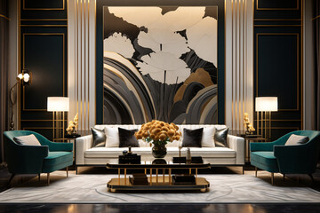 Art deco style interior design of modern living room with acapulco green sofa on white wall