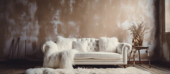 White antique couch and furry rug on the ground.