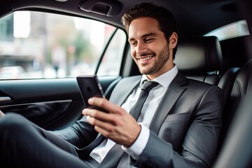 Fototapeta na wymiar Businessman inside of a car looking at the mobile phone or using mobile phone.