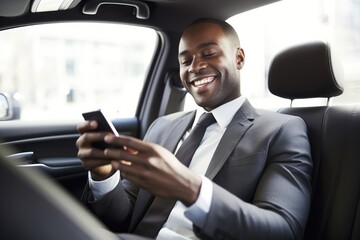Businessman inside of a car looking at the mobile phone or using mobile phone. - obrazy, fototapety, plakaty