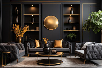 Art deco style interior design of modern living room with black sofa against black wall