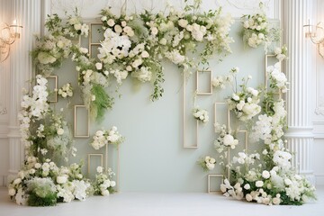 wedding backdrop aesthetic flower decoration light green indoor minimalist studio background - obrazy, fototapety, plakaty