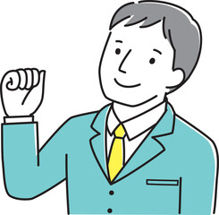 ガッツポーズをするスーツ姿の男性
