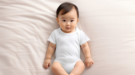 モックアップに最適な白い無地のロンパースを着た赤ちゃん