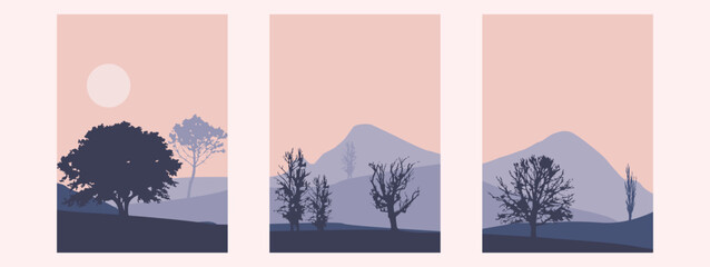 Abstract mountain landscape collage with trees and vibrant feel. Modern boho natural wallpaper. Vector minimal poster set