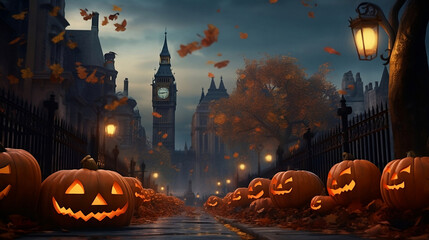 London in Halloween theme decorate by pumpkin in paper art and craft design concept. Created using generative AI.
