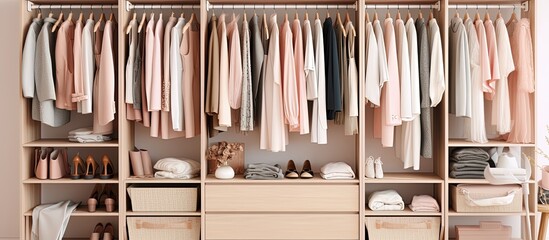 Scandinavian-style walk-in closet with women's clothes on rail in modern wooden wardrobe.