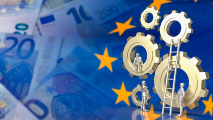 The Business man and gear group on Euro flag Background 3d rendering © niphon