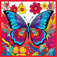 Colouring page for kids, a vibrant butterfly fluttering among colourful flowers AI Generated