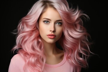 Fototapeta premium Beautiful girl with pink hair on black background 