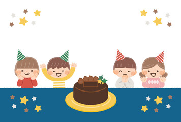 ポストカード・クリスマスカード　子供達とチョコレートクリスマスケーキのイラスト素材