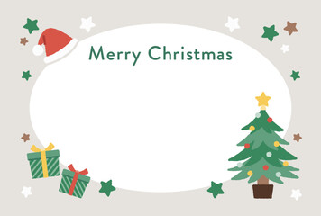 Fototapeta na wymiar ポストカード・クリスマスカード　サンタ帽、プレゼントボックス、ツリーのイラストフレーム素材