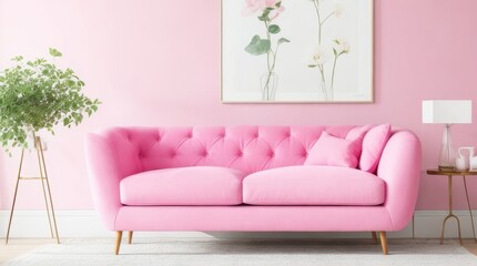 Pink sofa in modern living room interior with mock up poster on wall. Generative Ai
