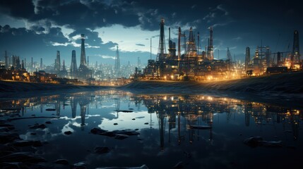 Naklejka premium Oil refinery field at night. The petrochemical industry.