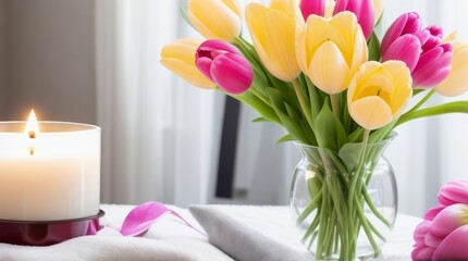 A beautiful bouquet of tulips in a glass vase on the table. Generative Ai