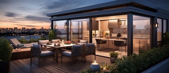 Obraz premium Roof terrace featuring sliding doors and open kitchen during a warm rainy day.