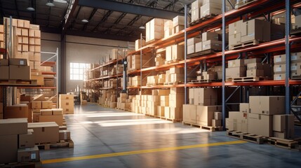 In a warehouse with shelves full of cardboard boxes and packages, goods are displayed on shelves.