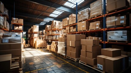 In a warehouse with shelves full of cardboard boxes and packages, goods are displayed on shelves.