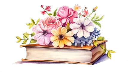international literacy day watercolor illustration. Watercolor card with color books and flowers on white background