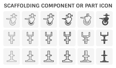 Component part of scaffold, staging vector icon consist of swivel caster, U-head jack and base jack or plate. Equipment for structure to support work in construction, maintenance, repair building.
