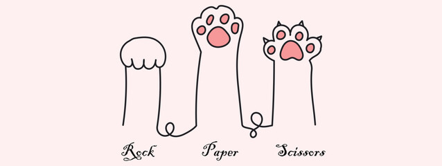 monoline art showing cats paw in scissors, papers and rocks style. cute paw of cat playing game. cat paw stock vector. © Parbat