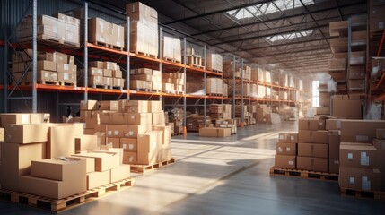 In a warehouse with shelves full of cardboard boxes and packages, goods are displayed on shelves.