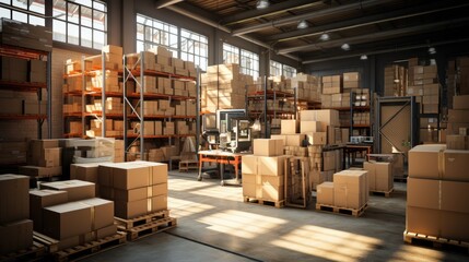 In a warehouse with shelves full of cardboard boxes and packages, goods are displayed on shelves.