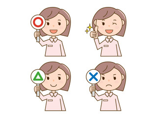 マル_バツ_サンカクの札を出す_いいねをする看護師さん_ピンク白衣女性の4ポーズセット