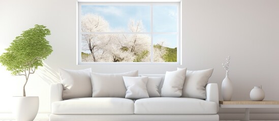 Scandinavian illustration of a minimalist, white living room with a sofa and a summer landscape in the window.