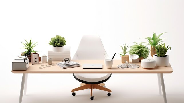 free photos White stylish workplace in home office area with wooden chairs and table. Generative AI
