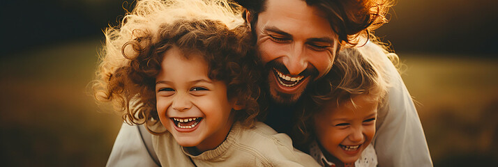 Photo of a smiling father embracing two young children in a park.