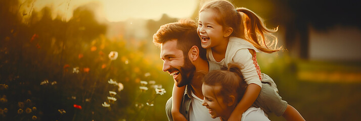 Photo of father and son being piggybacked in park with smiles on their faces. - obrazy, fototapety, plakaty