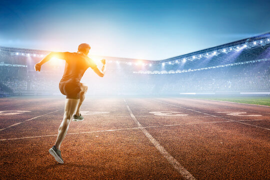 Man in sportwear running. Mixed media