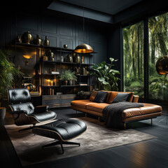 A dark black living room with some leather furniture

