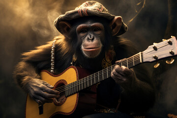 cool monkey playing guitar - obrazy, fototapety, plakaty