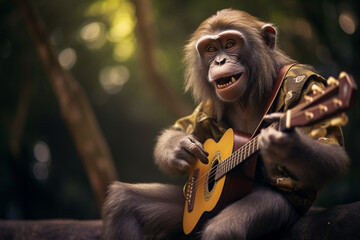 cool monkey playing guitar - obrazy, fototapety, plakaty