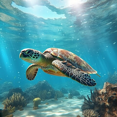 Obraz premium a turtle swimming looking for food