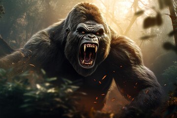 Image of an angry gorilla in the forest, Wildlife Animals., Generative AI, Illustration. - obrazy, fototapety, plakaty