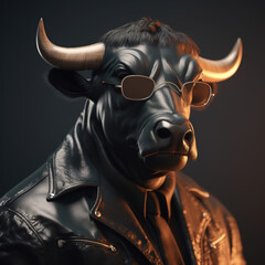 Image of a bull wore sunglasses and wore a black leather jacket on clean background. Wildlife Animals. Illustration, Generative AI.
