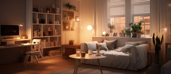 Obraz premium Art lighting used in of shaderless, textureless one-room apartment.