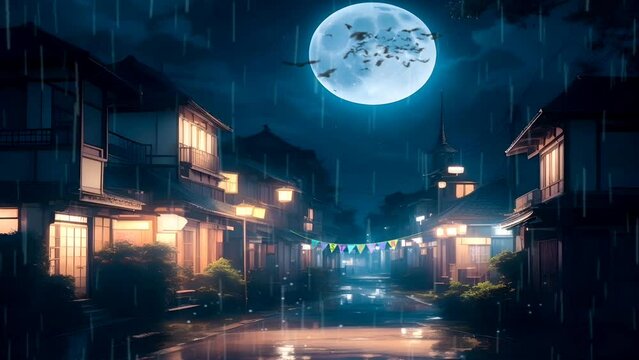 Beautiful traditional Japanese countryside view at night with rainy weather and big moon. Virtual video in anime illustration style, 4K animated background