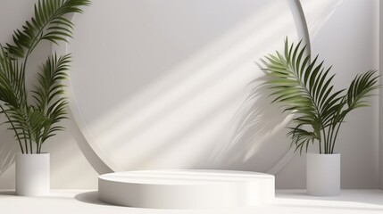 Product podium background display white 3D green leaf plant shadow platform. Beauty cosmetic podium product stand nature scene presentation leaves space wood design abstract concept. Generative AI