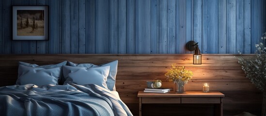 Blue-toned contemporary rustic bedroom with a lamp on a side table.