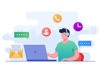Fototapeta premium Male hotline operator advises clients flat illustration concept, Online customer support, Helping to solve problems, Technical support, telemarketing operator, Assistance, Remote consultant,