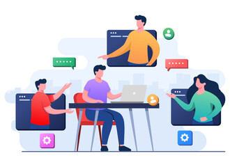 Business people meet online, Male employee speak on video call with coworkers on laptop at home, Video Conference, Team thinking and brainstorming, Remote working, Virtual meeting, Teleconference,