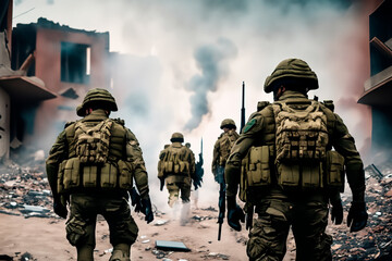 Fototapeta premium Squad Of Soldiers In Destroyed City
